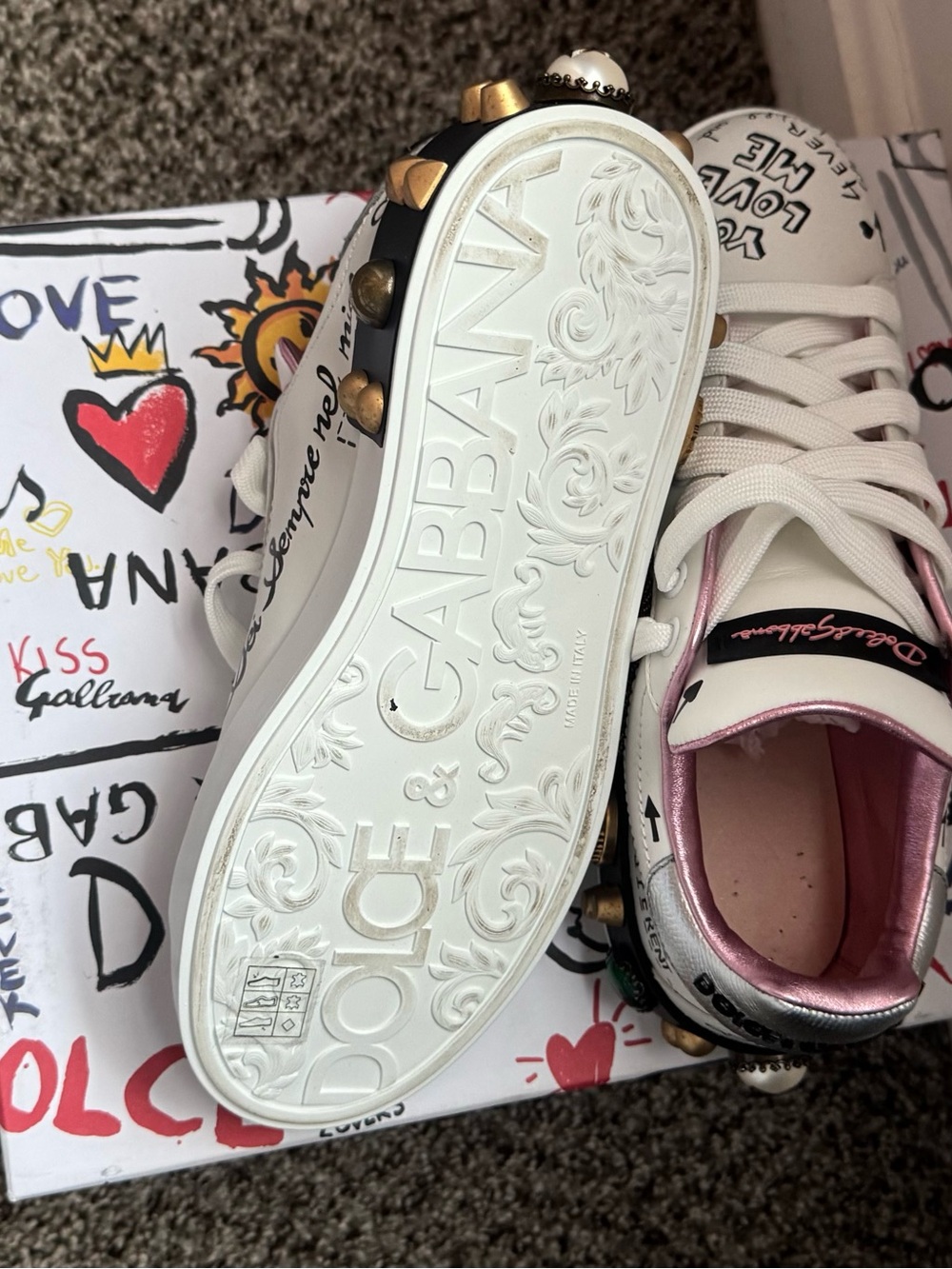 Dolce & Gabbana White Sneakers with Pink Lining and Gold Studs - Kids